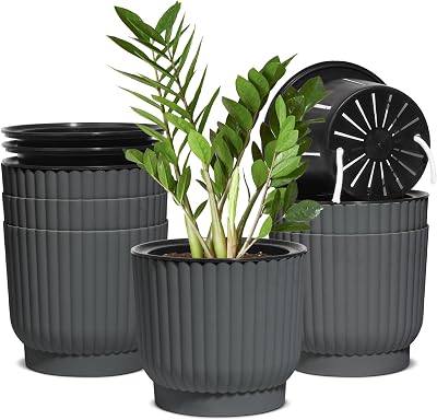 T4U 6 Pack 15cm Self Watering Indoor Plant Pots Grey Plastic