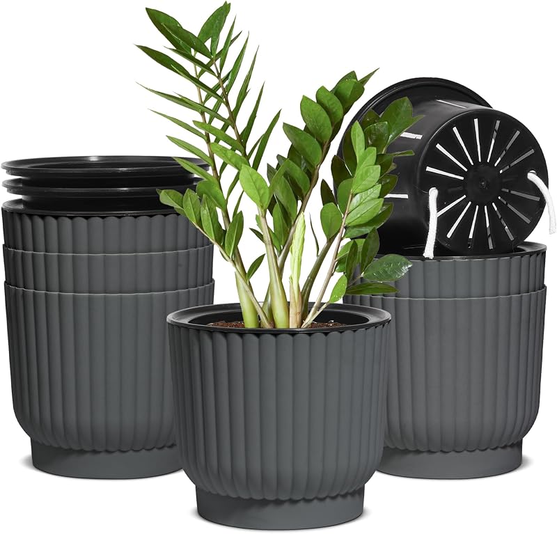 T4U 6 Pack 15cm Self Watering Indoor Plant Pots Grey Plastic