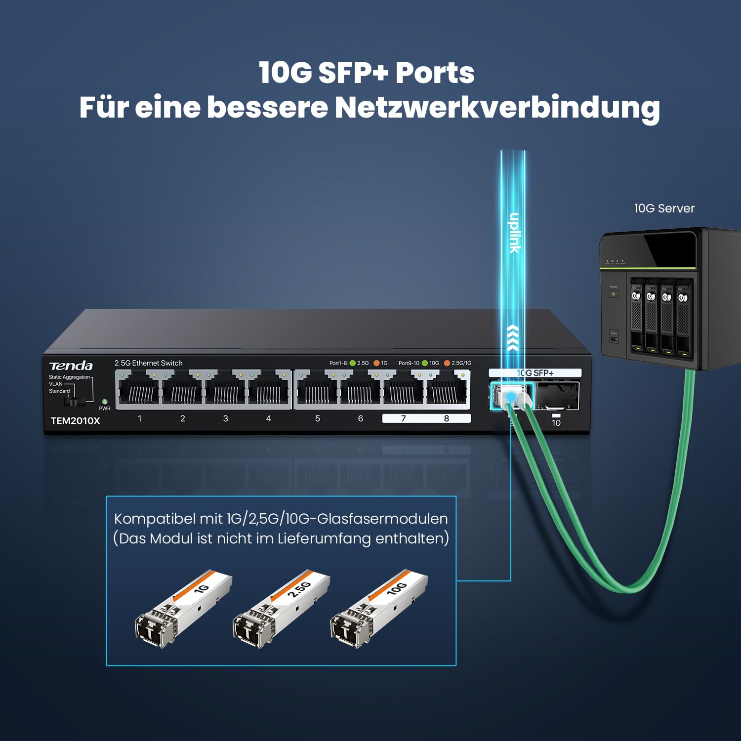 Tenda 2.5 Gbit Switch mit 8X 2.5G Ports & 2X 10G SFP+ Ports (VLAN, Statische Aggregation, Lüfterlos, Plug & Play, Desktop-/Wandmontage, Unmanaged, Metallgehäuse) (TEM2010X) 3