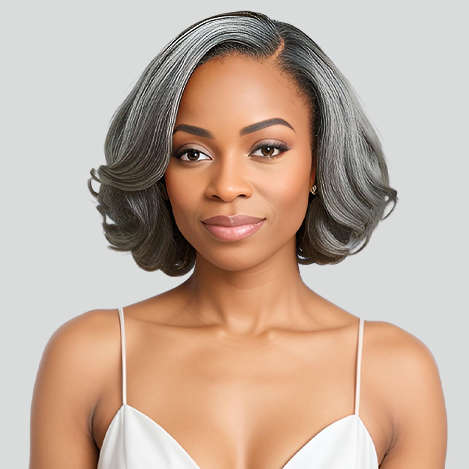 Photo 1 of BAOHUKE 10" Body Wave Salt and Pepper Wigs Human Hair Glueless Grey Bob Wig Human Hair 5X5 Closure HD Pre Cut Lace Pre Plucked Hairline Short Gray Wig For Black Women