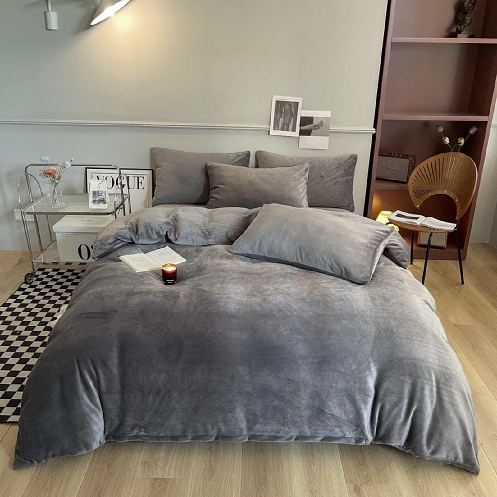 ZIQINPSQ Velvet Duvet Cover Set,Solid Flannel Comforter Cover 2Pcs Ultra Soft Fuzzy Cover with Zipper Closure Corner Tie. (Dark Gray, Single)