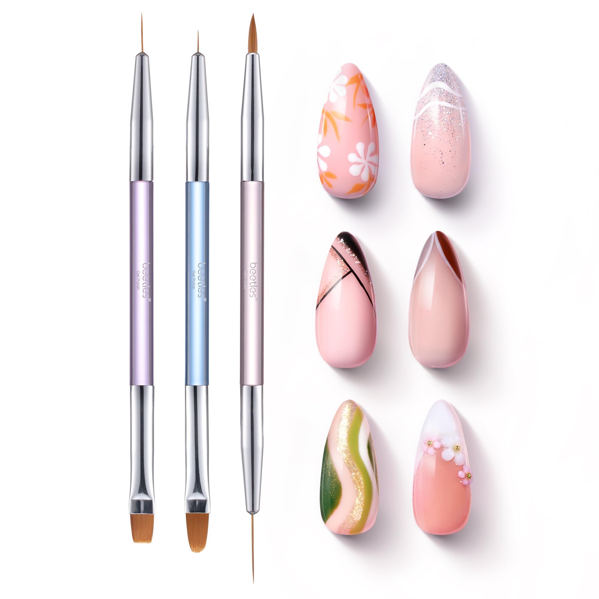 Beetles 3 Pcs Gel Nail Art Brushes Set Gel Polish Design Pen Painting Tools with Liner Brushes Petal Painting Brush and Oval Brush DIY at Home Manicure for Women — image 1