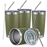 COMOOO 20oz Tumbler Bulk Double Wall Vacuum Insulated Travel Mug, Stainless Steel Tumbler with Lid and Straw Durable Powder Coated Insulated Coffee Cup for Cold & Hot Drinks (Army Green, 4 Pack