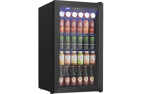 Icyglee Beverage Refrigerator Cooler, 126 Can Mini Fridge with Glass Door for Wine, Soda Beer, Beverage Cooler for Home, Bar, Office with Adjustable Removable Shelves, Black