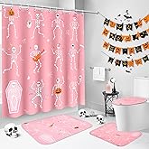 LSYDCARM 4 Pcs Halloween Shower Curtain Set, Pink Skull Waterproof Bathroom Shower Curtains Sets with Rugs, Toilet Mat & Toilet Seat Covers Mat, Bathroom Decor 72
