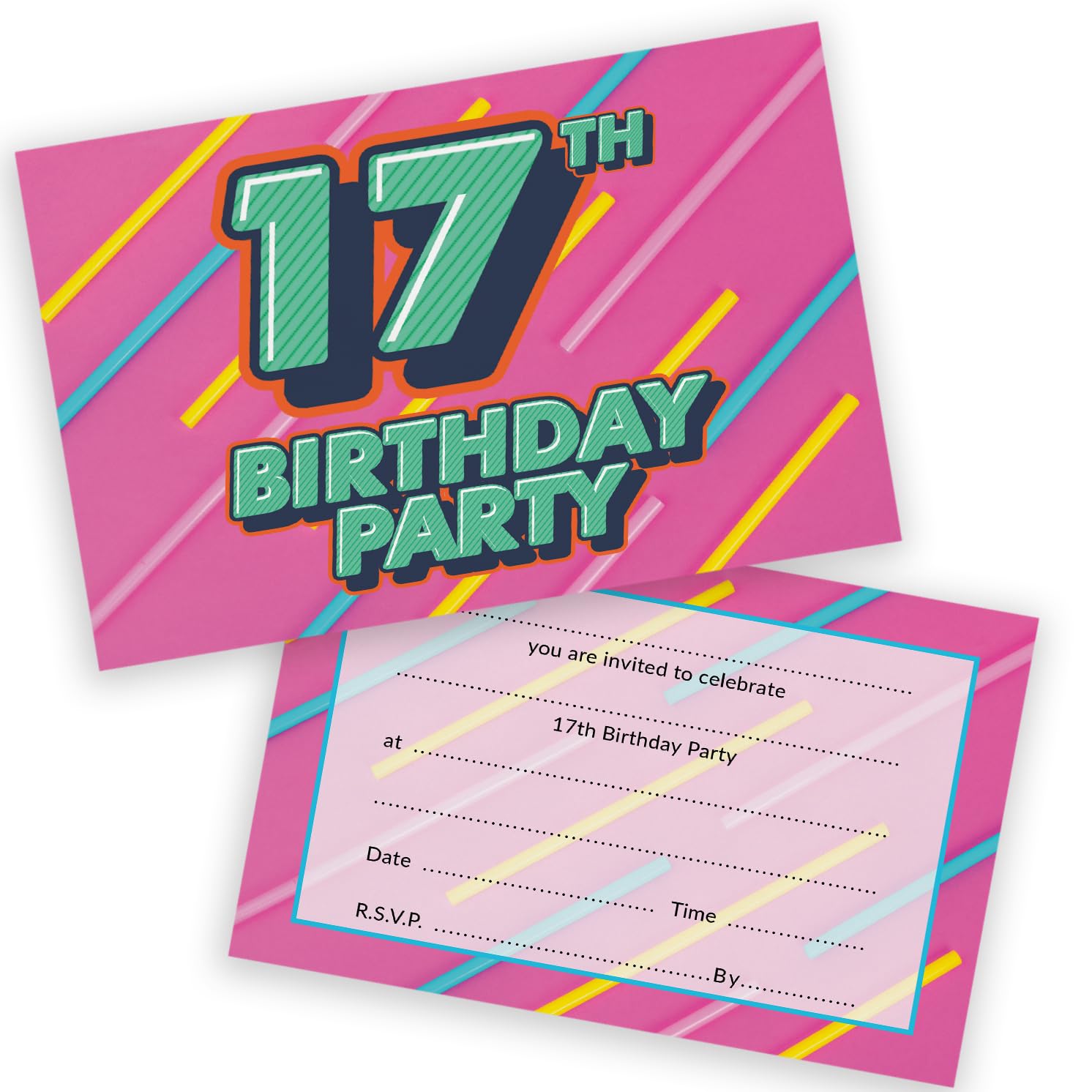 17th Birthday Party Invitations Teenager - Funky Colours 20 Pack - Childrens Birthday Invitations for Boys/Girls A6 Bday Party Invites Invitation Cards with Folding Envelopes