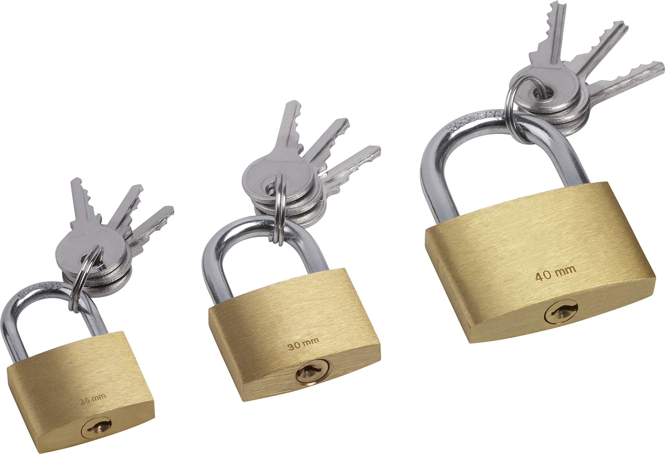 Meister 9515300 Padlock 3-Part 25 mm 30 mm and 40 mm Various Locking Body Made of Brass Steel Shackle Each 3 Keys/Padlocks in Practical Set/Shackle Lock