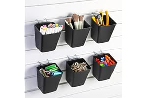 LOYIM 6 Pcs Slatwall Cups with Hook Loops Plastic Large Size Slatwall Bins Organizer Slat Wall Accessories Set for Garage Craft Workshop Tool Shed Hardware Organizing Tools Pens Pencil(Black)