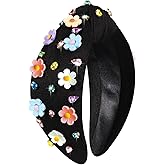 vokone Flower Headbands for Women Girls Crystal Jeweled Embellished Knotted Headband Statement Summer Headband Beach Accessories(Black-Colorful)