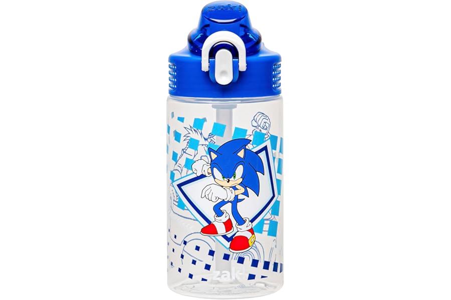 Zak Designs Sonic the Hedgehog Sage Water Bottle For School or Travel, 16oz Durable Plastic Water Bottle With Straw, Handle, and Leak-Proof, Pop-Up Spout Cover (Sonic, Eggman)