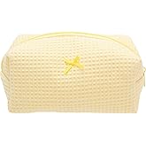 PAZIMIIK Cozy Makeup Bag Travel Cosmetic Bag for Women Soft Toiletry Bag Aesthetic Makeup Organizer Portable Large Zipper Pouch for Skincare Beauty Accessories Brushes Waffle Check Yellow