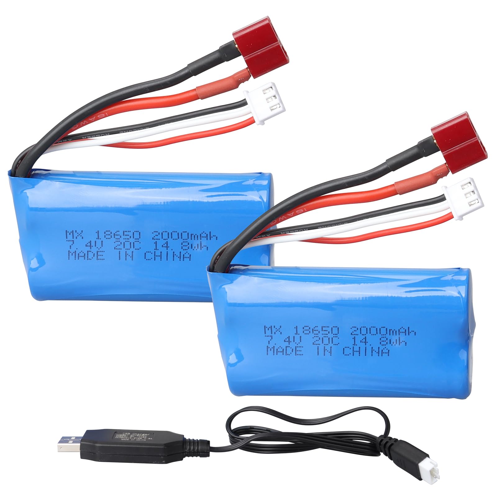 MXJFYY 2 Pack 7.4V 2000mAh 14.8Wh Li-ion Rechargeable Battery 2S 20C T Plug Female Connector with USB Charger for RC Car Off Road Truck Jumper Truggy RC Airplane Helicopter Toys