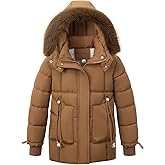 SHMLIYDO Girls' Winter Warm Coat Fleece Lined Long Jacket With Detachable Fur Hood