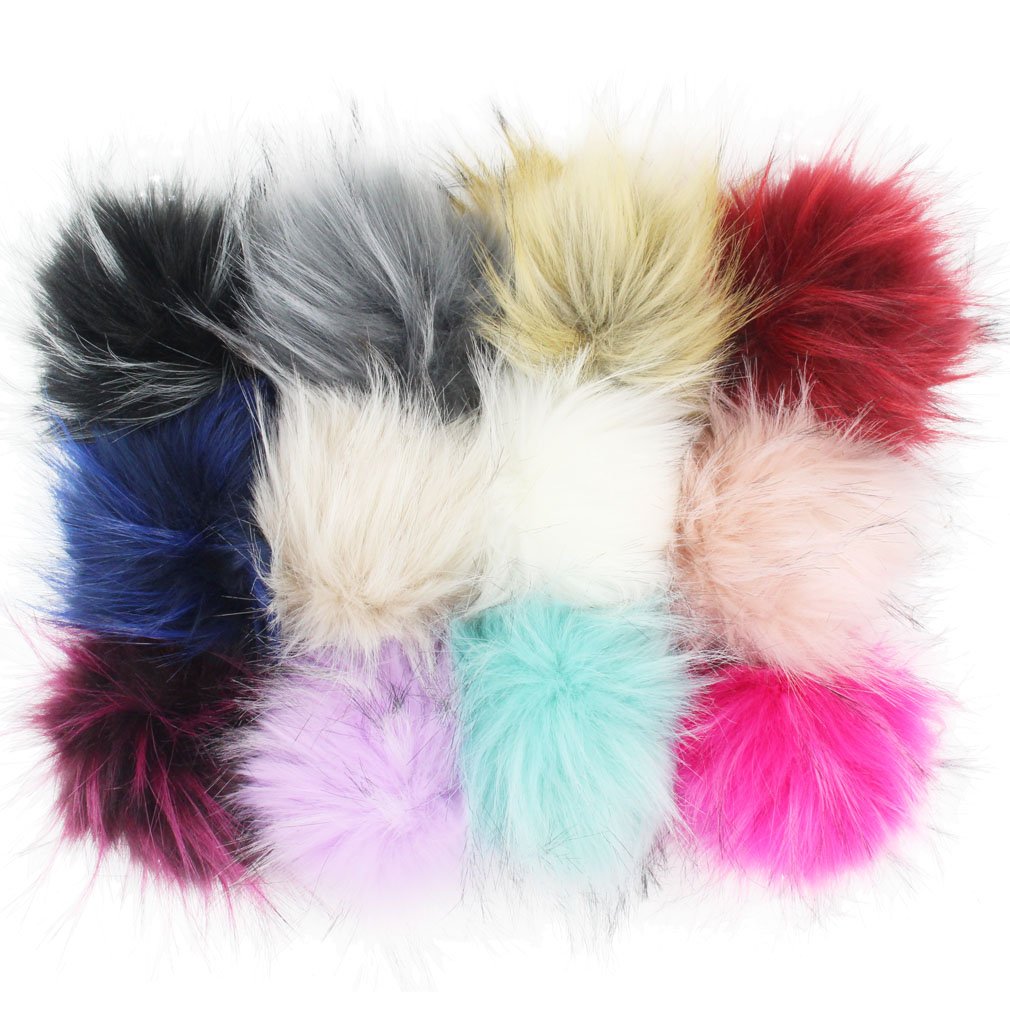 Furling Pompoms DIY Pack of 12 Fluffy Faux Raccoon Fur Pom Poms for Hats Puff Ball 11CM -4.3inch (Colorful Mix)