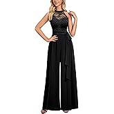 Miusol Women's Sexy Halter Neck Sleeveless Floral Lace Casual Jumpsuit With Belt