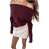 Verdusa Women's Fall Sweaters Off The Shoulder Long Sleeve Sweater Pullover Sweaters Early Fall Clothes Burgundy Medium