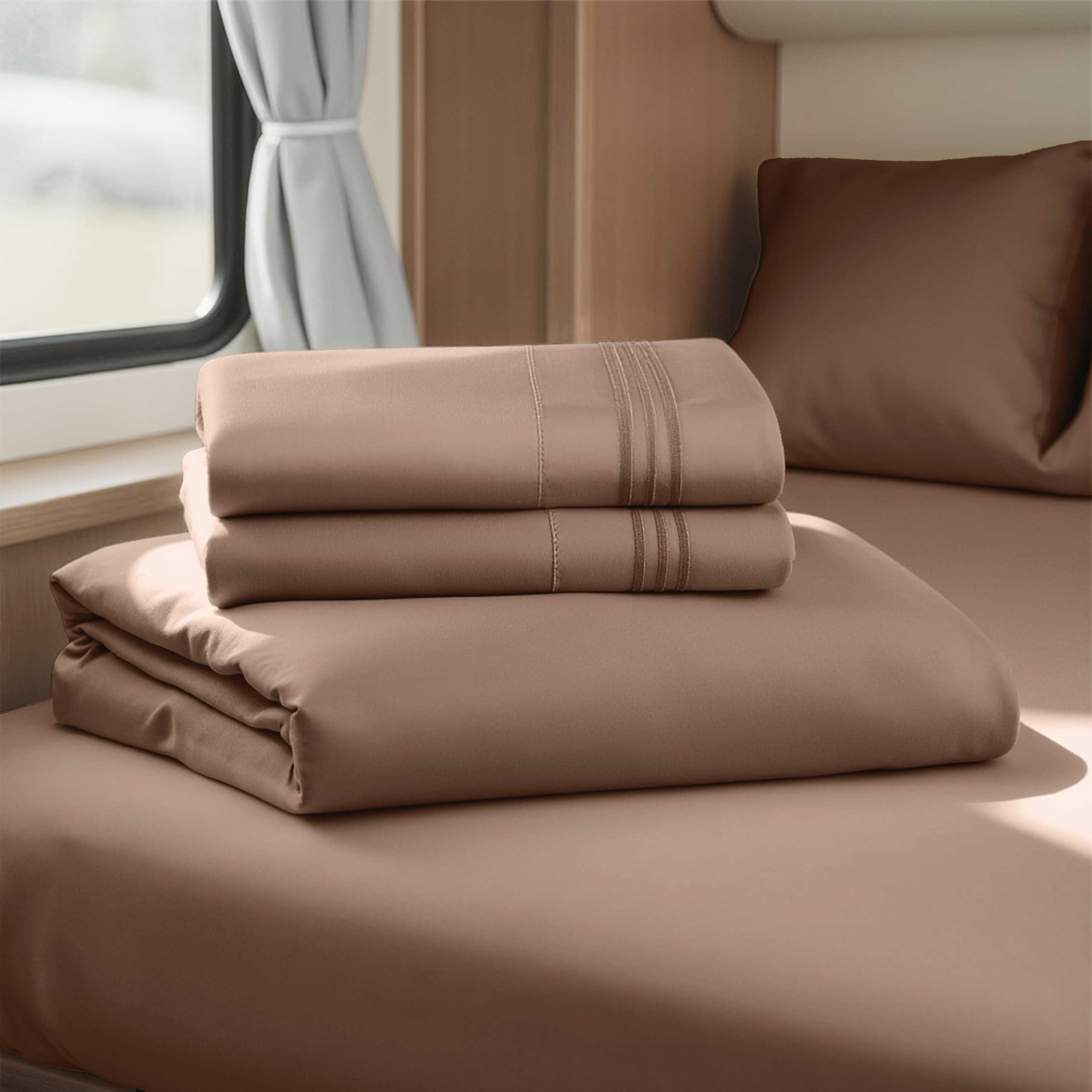 Photo 1 of Hearth & Harbor Short Queen Sheets for RV, Chocolate Brown RV Queen Sheets, Silky Soft 1800 Microfiber Bed Sheet for Camper, 4 Piece RV Bedding with Pillowcases