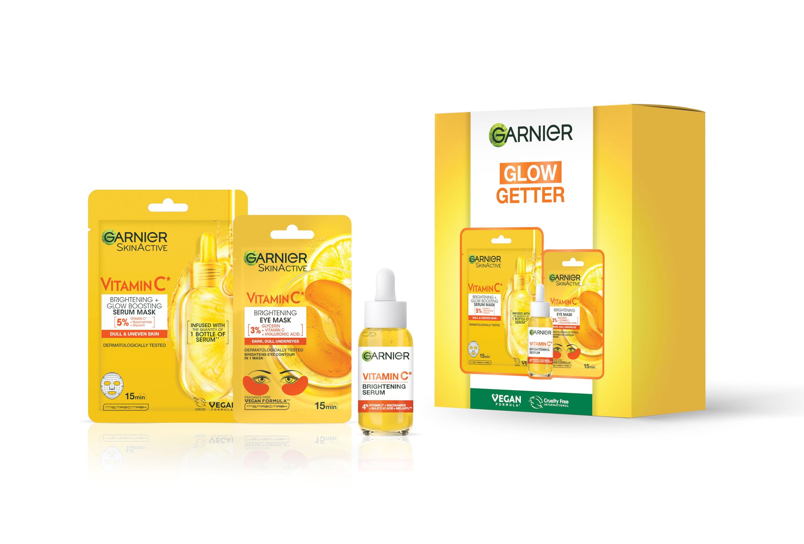 Garnier Vitamin C Glow Getter Giftset - Brightens Skin, Reduces Dark Spots & Evens Skin Tone - For Dull Skin - Cruelty Free & Vegan - Pack of 30ml Face Serum, Face Sheet Mask & Eye Sheet Mask — image 1