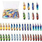 DANUDON 40 PCS Feather Charms, Colorful Native American Pendants Beads Alloy Flower Printed Leaf Plumage Enamel Feather Charms for Jewelry Making Bulk, with Box