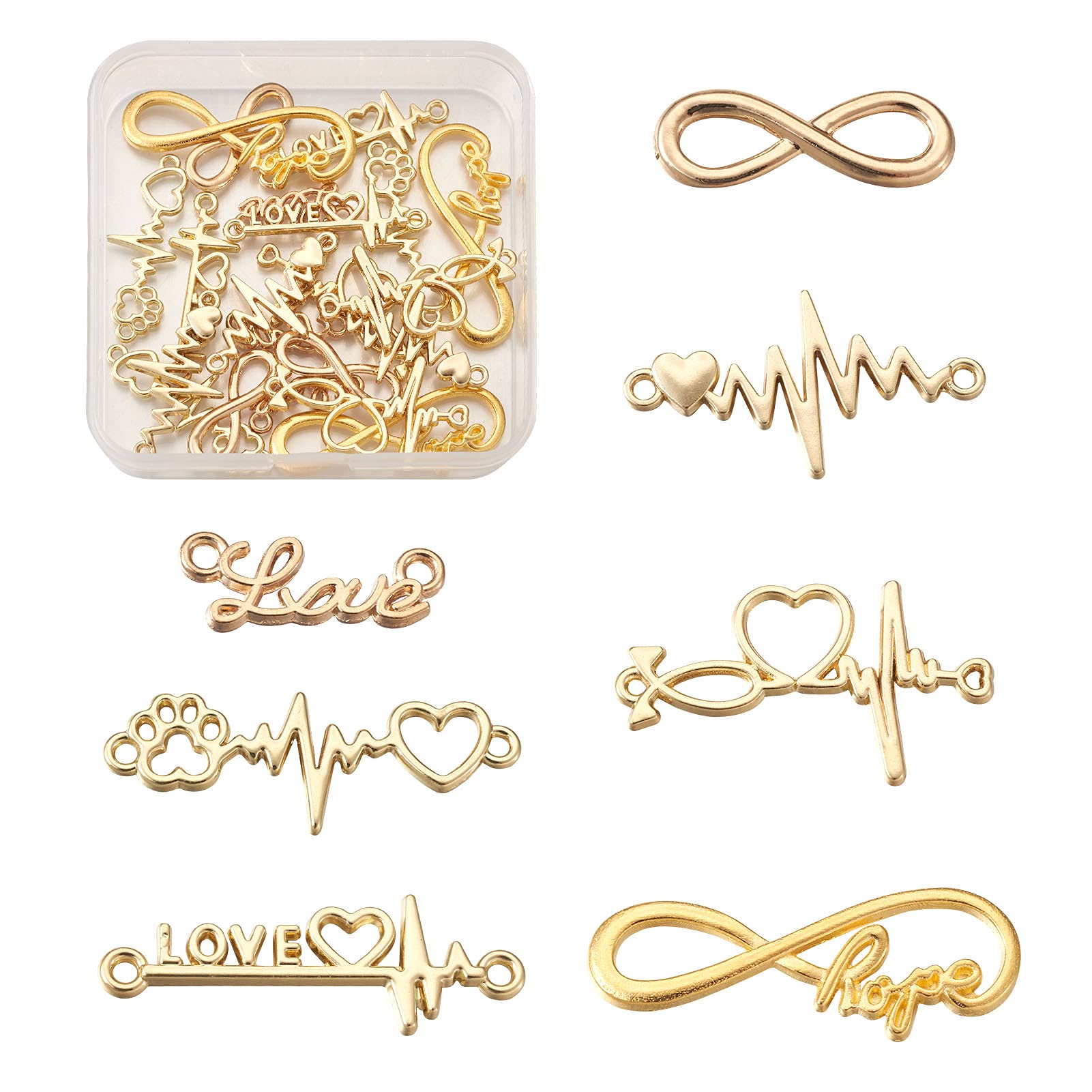 Cheriswelry 28pcs Alloy Golden Heartbeat Word Love Infinity with Hope Charms Pendants Dangles Links Connectors for DIY Jewellery Necklace Making