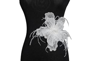 HHQ 3D Beaded Flower Applique with Feather Sequin Patches Sew on for Women Hat Decoration Wedding Dresses DIY Decorative Clothes (White)