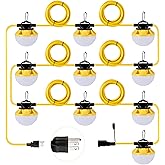 G GJIA 3-Prong 100FT Construction String Lights, IP65 Waterproof ETL Certified String Work Lights, 5000K Daylight 18AWG Wire Linkable Temporary Construction Lighting for Jobsite with 10 Bulbs & Hooks