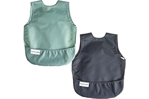Tiny Twinkle Short Sleeve Apron Bibs for Babies & Toddlers – 2 Pack Waterproof, Mess-Proof Baby Bibs for Eating & Feeding, Machine Washable,Perfect Holiday Gift(Sage Charcoal, 6–24M)