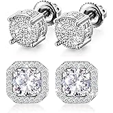 Stud Earrings for Men,18K White Gold Plated Round Square Cubic Zirconia Hypoallergenic Studs Earrings Set for Women