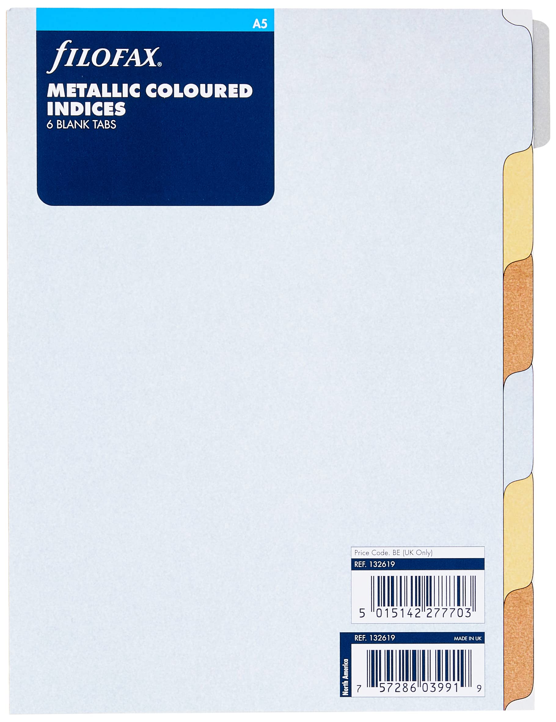 Filofax A5 Size Organiser 6 Part Plain Index Metallic Refill