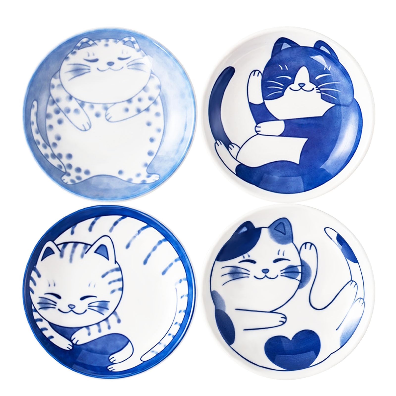 4 Pcs Cute Cat Soy Sauce Dish, Japanese Ceramic Cat Bowls, Sushi Plate Set, Mini Bowls (4 Inch)