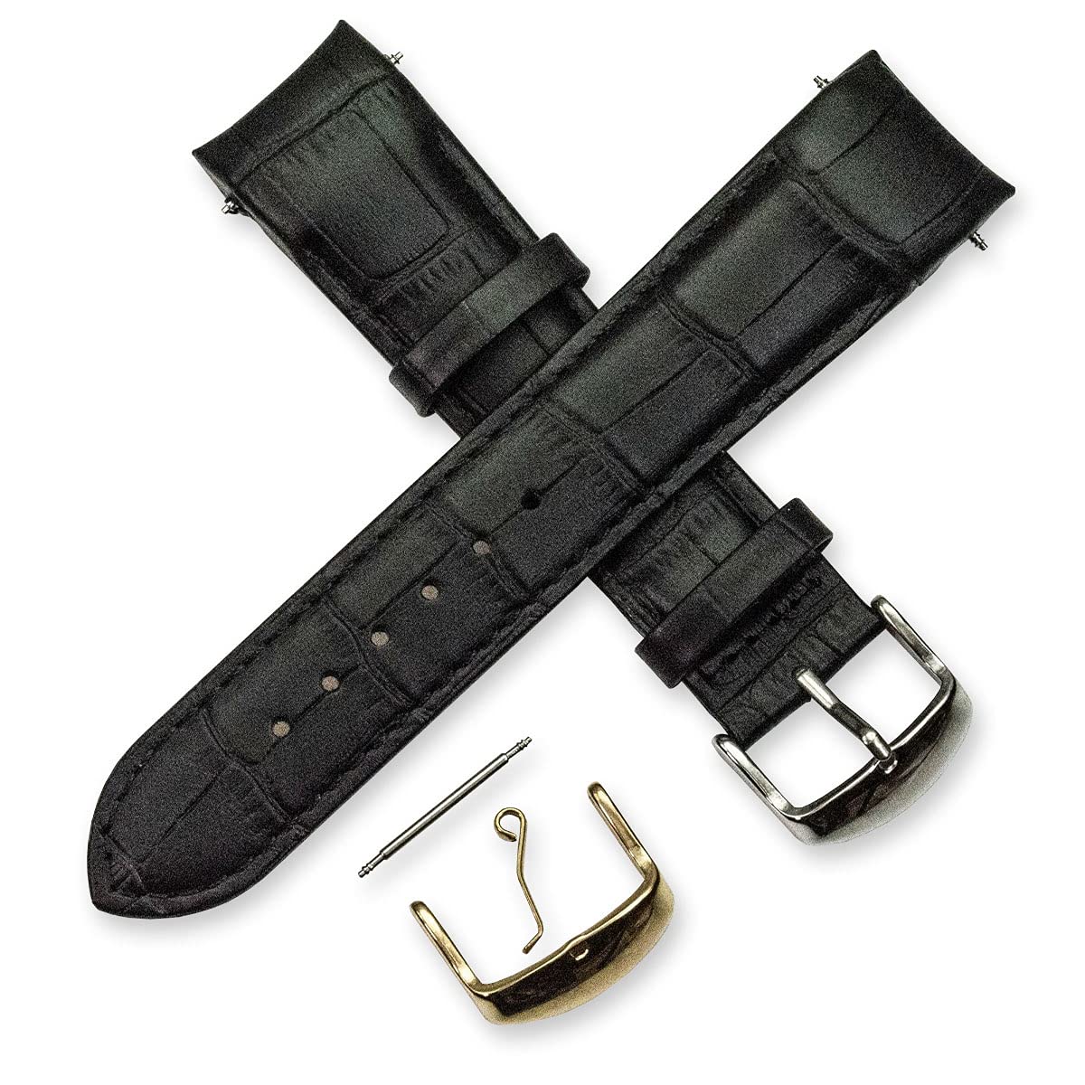 Black Watch Strap Crocodile Grain Curved Ends Leather 18mm 20mm 22mm (22mm)
