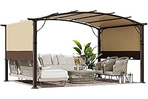 HAPPATIO 10' x13' Outdoor Retractable Pergola, Aluminum Pergola with Canopy Fixed in Various Positions, Arched Patio Top with Sun Shade Canopy Metal Frame for Backyards, Gardens, Patios (Brown)