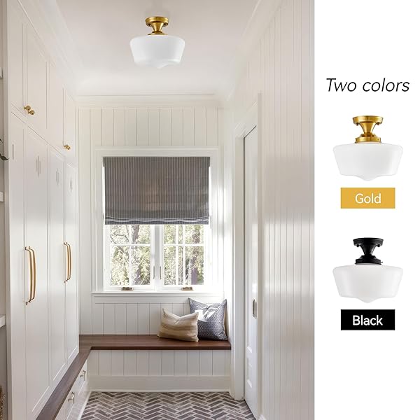 YOUNGRENDER SCHOOLHOUSE LIGHT FIXTURE MODERN GOLD CEILING LIGHT,SEMI FLUSH MOUNT CEILING LIGHT,12”WIDE OPAL MILK GLASS SHADE,BRASS VINTAGE LIGHT FOR FARMHOUSE BEDROOM KITCHEN HALLWAY ENTRYWAY
