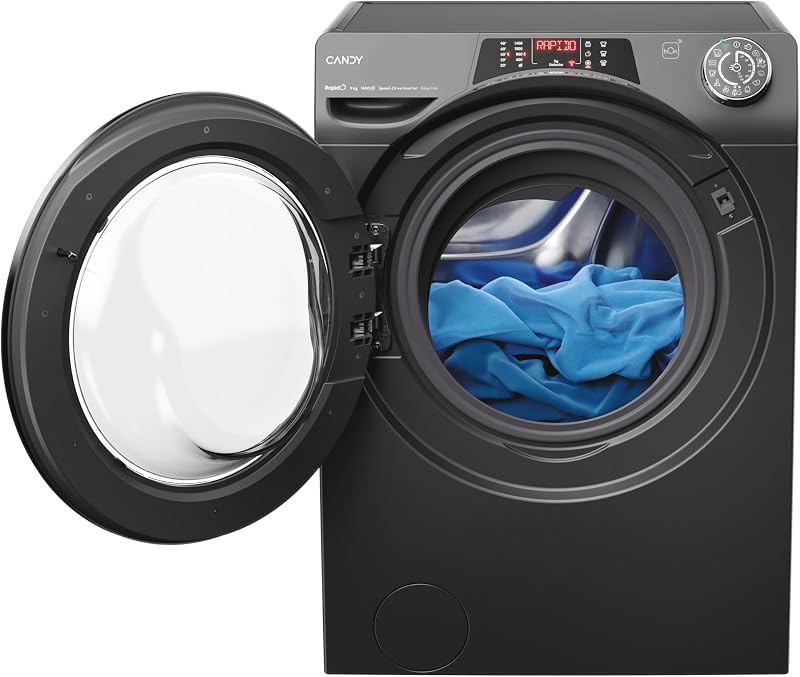 Máquina de lavar candy rapido ro1496dwmcrt/1-s 9 kg, 1400 rpm, tela de texto inteligente, painel de toque inteligente, wi-fi, snap & wash, 16 ciclos, 9 rápidos, motor de acionamento de velocidade inversora, função vapor, 76 db, antracite