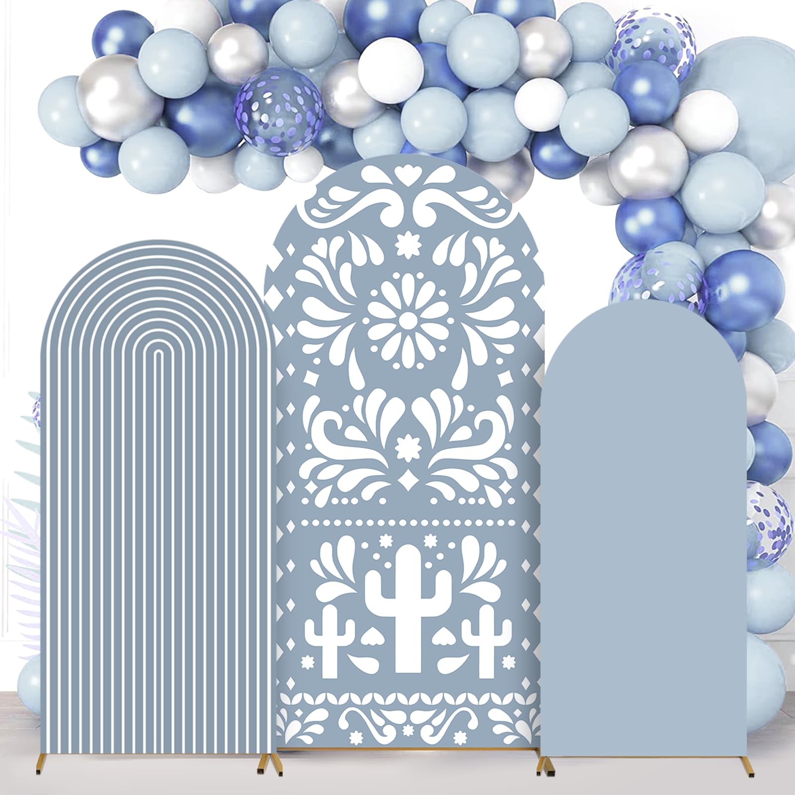 Photo 1 of 3 Pcs Mexican Arch Backdrop Cover Set 4FT 5FT 6FT Backdrop Stand Cover Stretchy Arch Stand Covers for Mexican Theme Fiesta Talavera Wedding Baby Shower Birthday Party (Dusty Blue