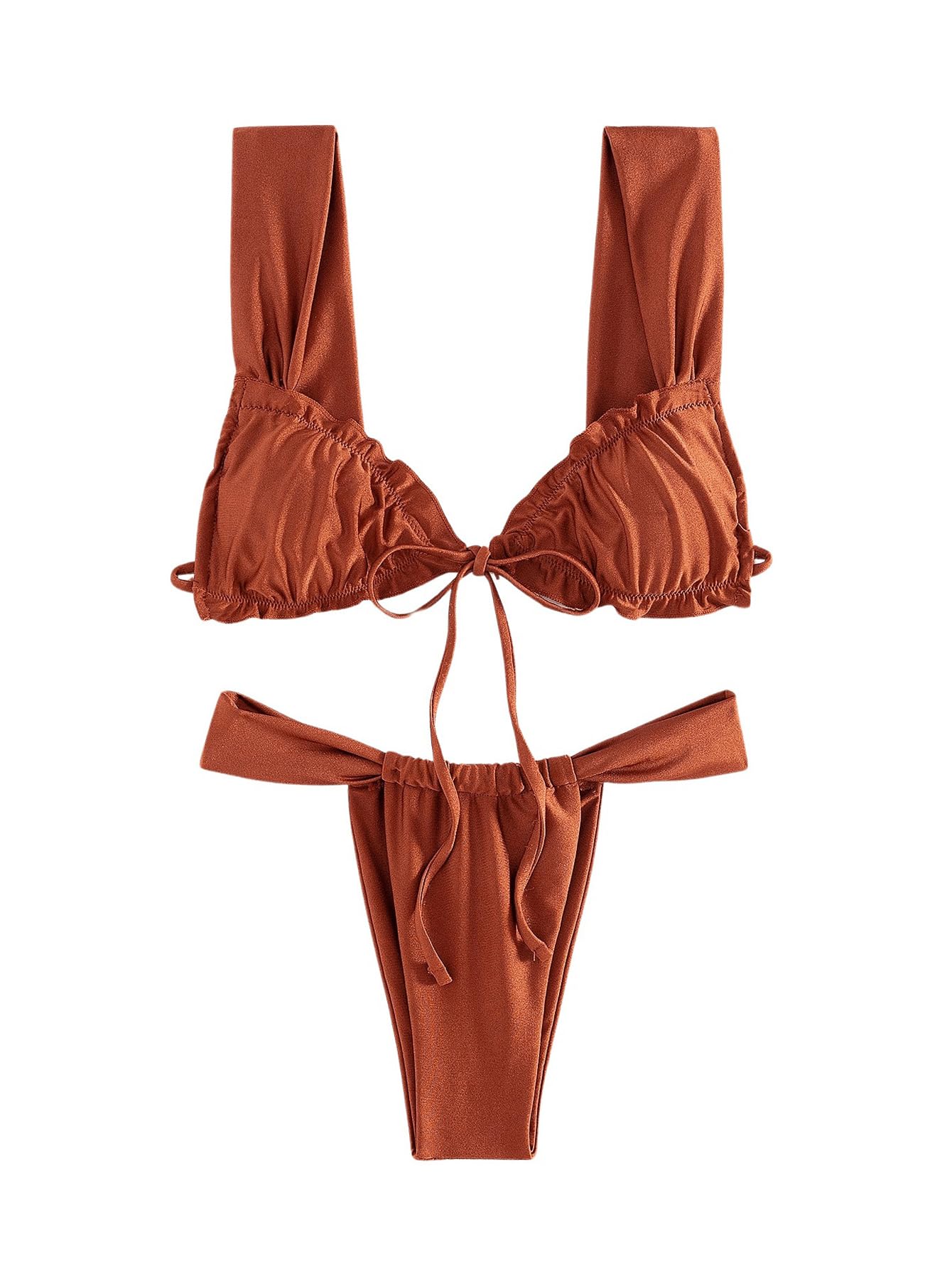 Photo 1 of **ONLY TOP**RoseSeek Women's Two Piece Swimsuits Frill Trim Tie Front Bathing Suit Wide Straps High Cut Sleeveless Bikini Sets Brown Small