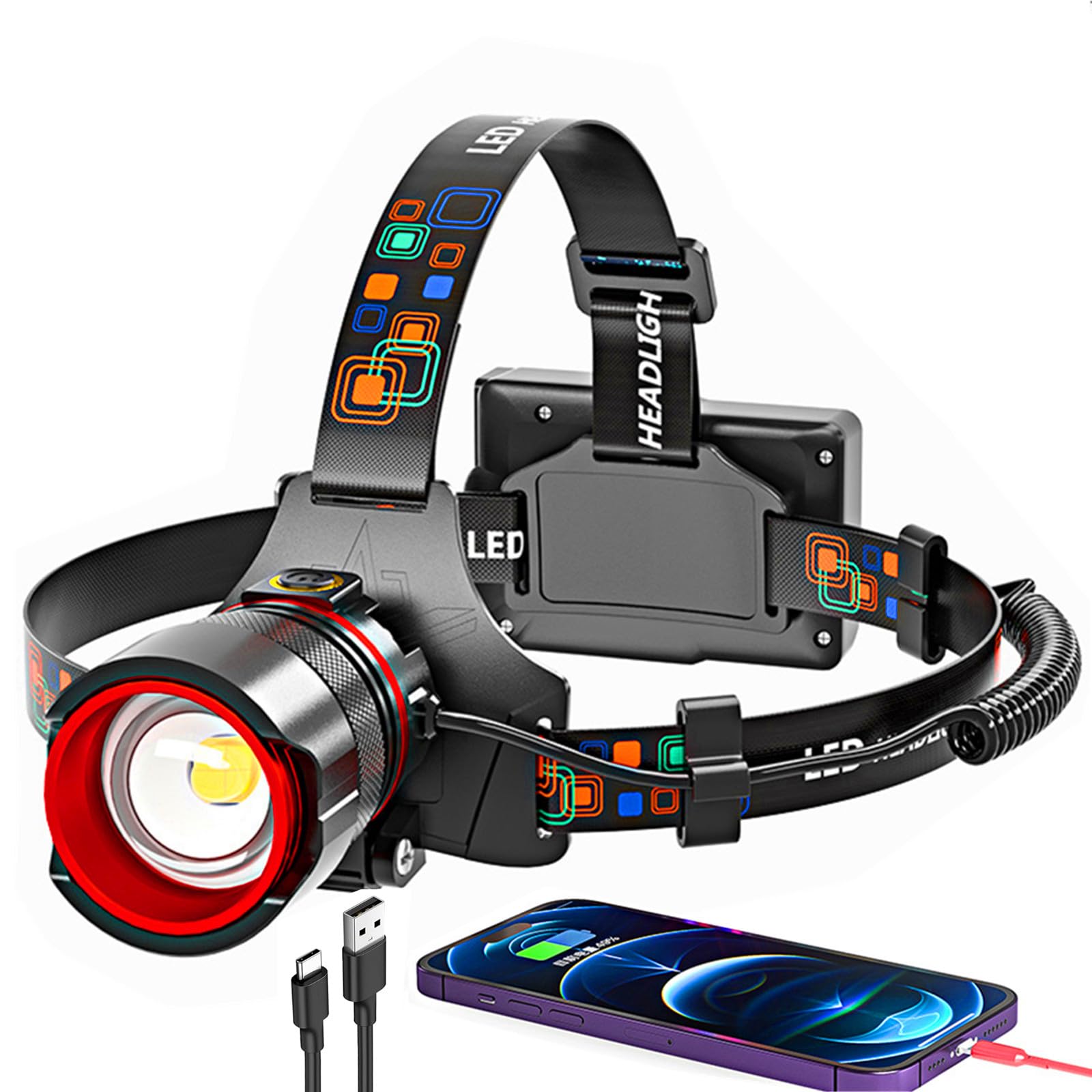Photo 1 of Headlamp Rechargeable 90000 Lumens Ultra Bright Head Lamp Super Bright Hard Hat Light Zoomable IPX54 Headlight Camping Accessories 6 Modes Waterproof Headlight Camping Gear for Adults Cycling Running