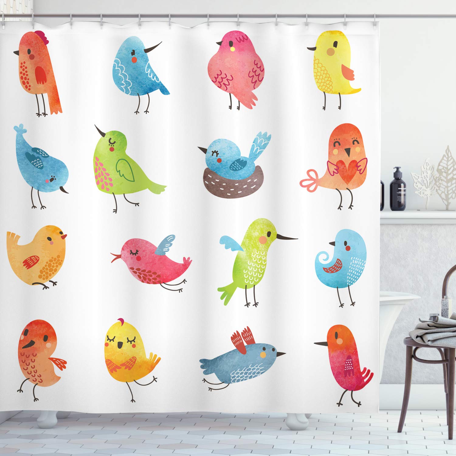 ABAKUHAUS Animal Shower Curtain, Colorful Humor Bird, Cloth Fabric Bathroom Decor Set with Hooks, 78 Inches, Multicolor — image 1