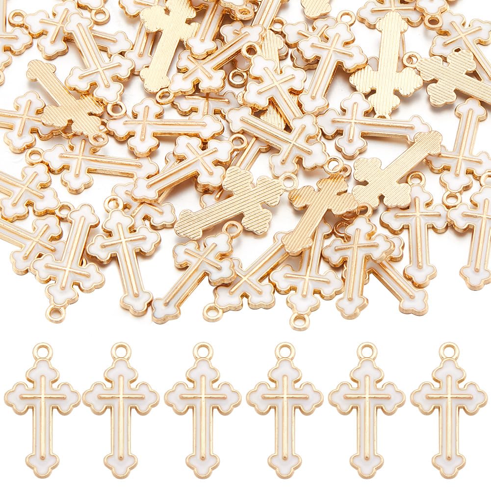 SUNNYCLUE 1 Box 60Pcs Alloy Enamel Cross Charm Bulk White Cross Charms Crucifix Gold Metal Rosary Small Charm for jewellery Making Charms DIY Necklace Bracelet Keychain Earring Women Beginners Adults