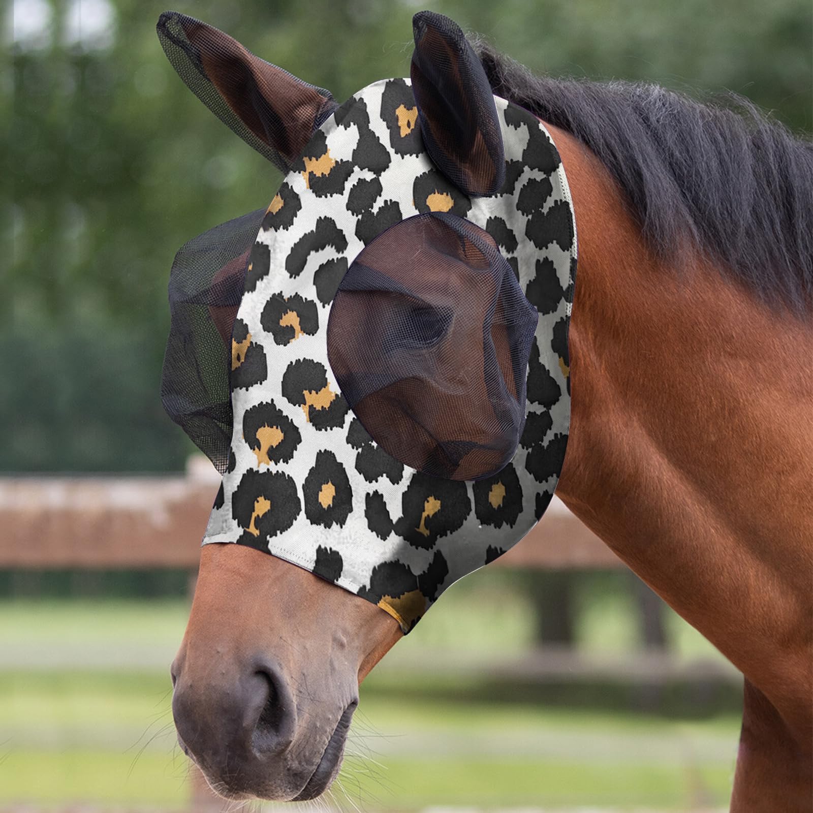 Adiwo Horse Fly Mask with Ears, Super Comfort Fly Masks for Horses - Full-Size, Breathable & Elastic Lycra, UV & Insect Protection, Large with Web Trim Eye Protection (Leopard Print)