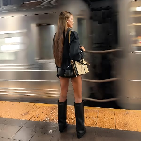 MEOLEE KNEE HIGH BOOTS WOMEN FOLD OVER CHUNKY HIGH HEELS LONG BOOTS ZIPPER ROUND TOE DRESS TALL BOOTS FOR WOMEN SIZE 9