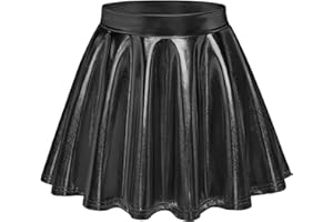Auranso Girls Metallic Skater Skirt Sparkly Shiny Flared Pleated A-Line Mini Skort