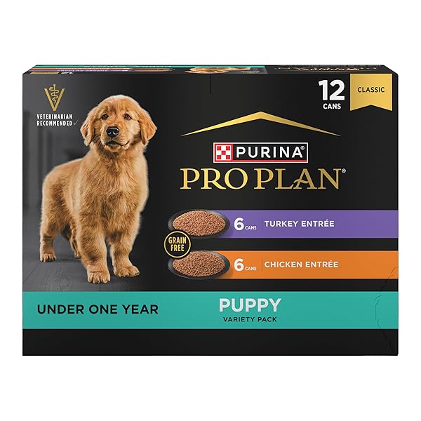 PURINA PRO PLAN DEVELOPMENT WET PUPPY FOOD, GRAIN FREE CHICKEN ENTREE AND GRAIN FREE TURKEY ENTREE VARIETY PACK – (PACK OF 12) 13 OZ. CANS