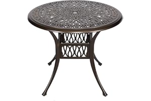 YU YUSING YUSING 35.4" Outdoor Dining Table,Patio Cast Aluminum Table,Furniture Set,Bistro Round Table with 2" Umbrella Hole for Kitchen,Garden,Yard