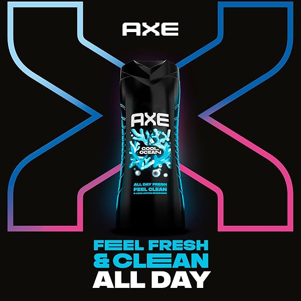 AXE COOL OCEAN MEN’S BODY WASH WITH ESSENTIAL OILS 12H REFRESHING SCENT BODY WASH FOR MEN, CLEAN AND FRESH SCENT 16 OZ