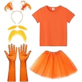 zsccxq 6 Pcs Orange Costume Accessories Set Yellow Mustache and Eyebrows T Shirt Skirt Gloves Headband for Women