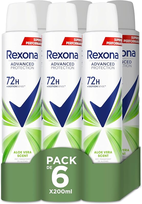 Rexona advanced protection antitranspirante desodorante aerossol feminino aloe vera 72h 200 ml 200 ml, embalagem de 6 unidades