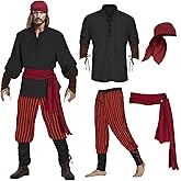 Teyujosem Men's Pirate Costume Set 4 PCS Medieval Renaissance Shirt Viking Ankle Banded Pants Halloween Costume