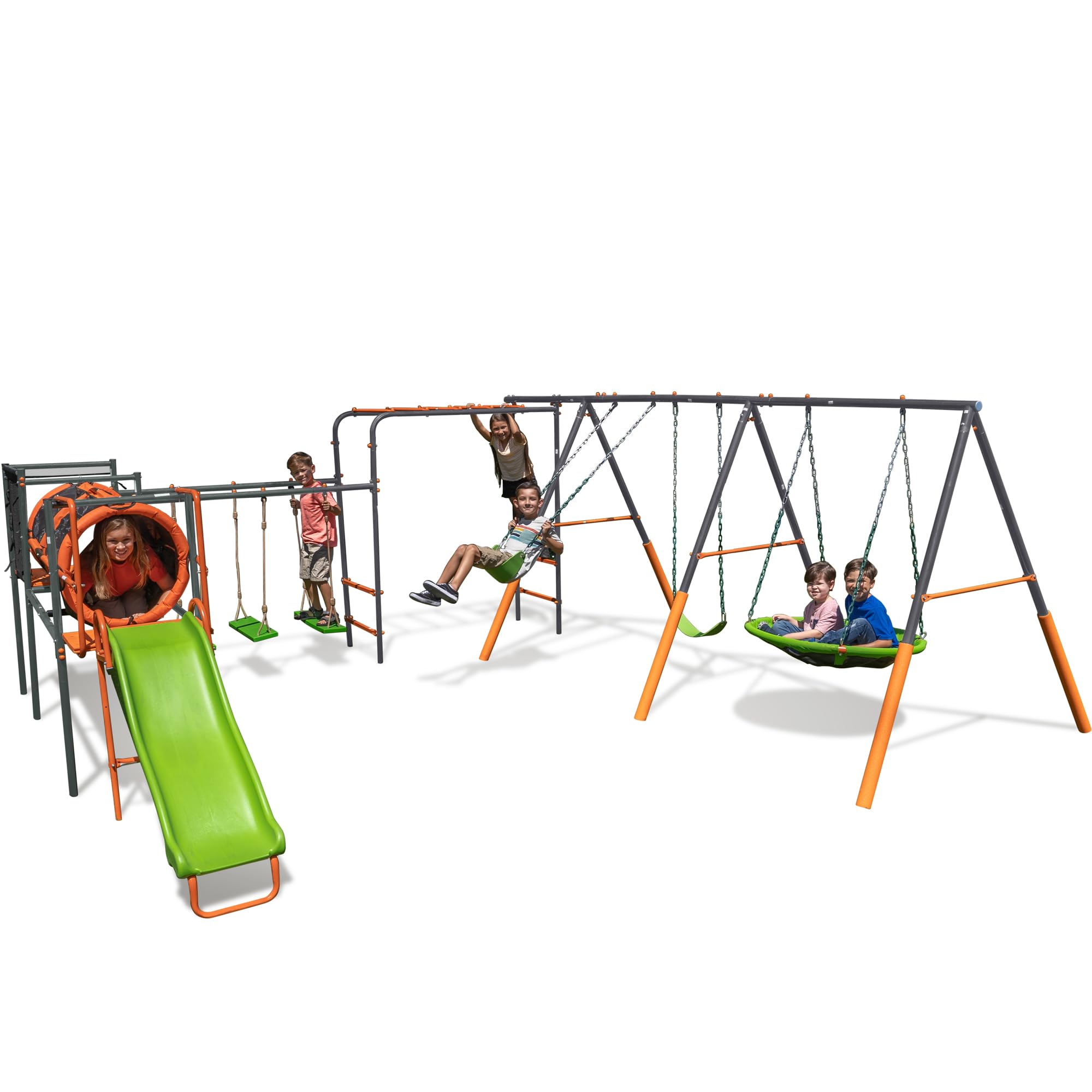 Photo 1 of ***BOX 01 OF 02***PARTIAL SET***Jungle Warrior Big Cat Metal Swing Set: Adjustable Swings, 5ft Wavy Slide, Mesh Tunnel, Flying Saucer, Monkey Bars - Orange, Green and Grey - Exceeds ASTM Safety Standards