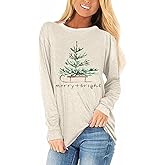 Womens Long Sleeve Christmas Graphic Tees Casual Letter Printed T-Shirts Tops